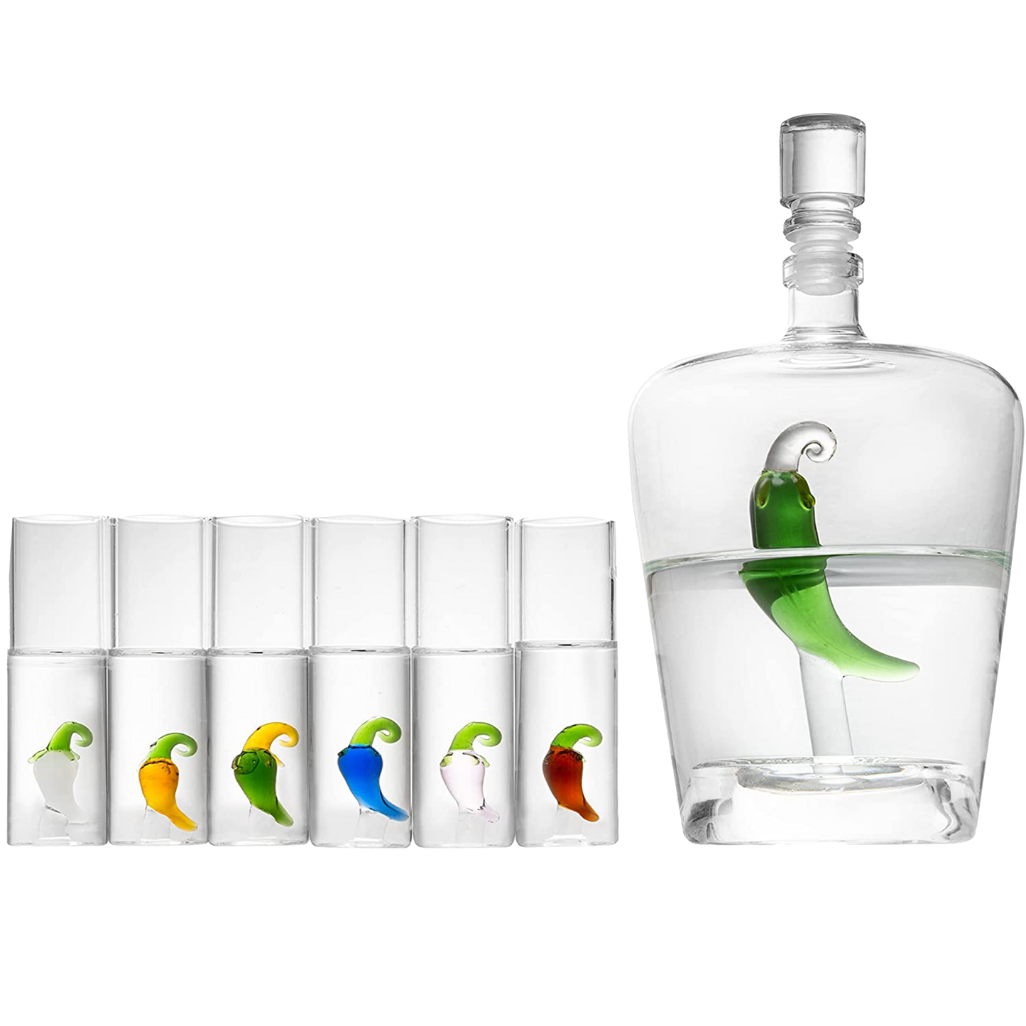 Tequila Decanter Set with Pepper Decanter and 6 Jalapeño Shot Glasses Set, Perfect for Holiday Gifts for Tequila Lovers, 25 Ounce Bottle, 3 Ounce Shot Glasses Cinco De Mayo, Reposado Gift (Pepper)