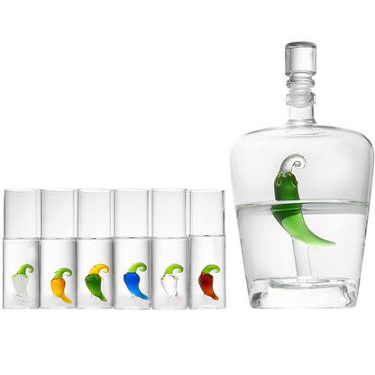 Tequila Decanter Set with Pepper Decanter and 6 Jalapeño Shot Glasses Set, Perfect for Holiday Gifts for Tequila Lovers, 25 Ounce Bottle, 3 Ounce Shot Glasses Cinco De Mayo, Reposado Gift (Pepper)